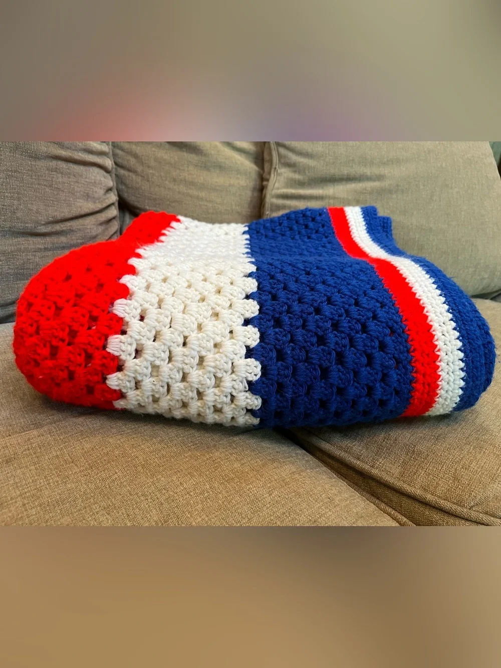 Vintage Crochet Granny Throw Blanket Afghan Red White Blue Patriotic 64